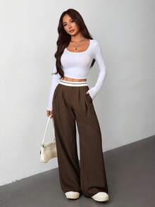 SHEIN PETITE 女款腰帶縫線卡其色休閒優雅西裝長褲，適合小個女版 - 咖啡棕 - 查看 7