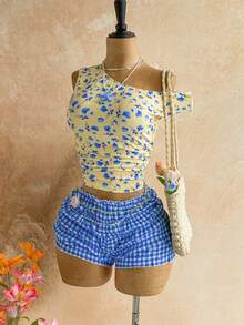 SHEIN WYWH Bộ đồ 2 món dành cho nữ: Áo lệch vai in họa tiết và quần short kẻ caro. - Nhiều màu - Xem 4