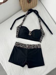 Swim Lushoire Women's Leopard Print Contrast Halter Neck Bikini Set With Boyshort Bottom, Ruched Bandeau Two Pieces Swimwear For Beach Vacation - Multicolor - View 3