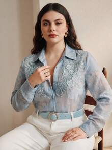 Anewsta Spring/Summer New Delicate Floral Embroidery & Beaded Decoration Symmetrical Design Women Long Sleeve Blouse - Blue - View 7