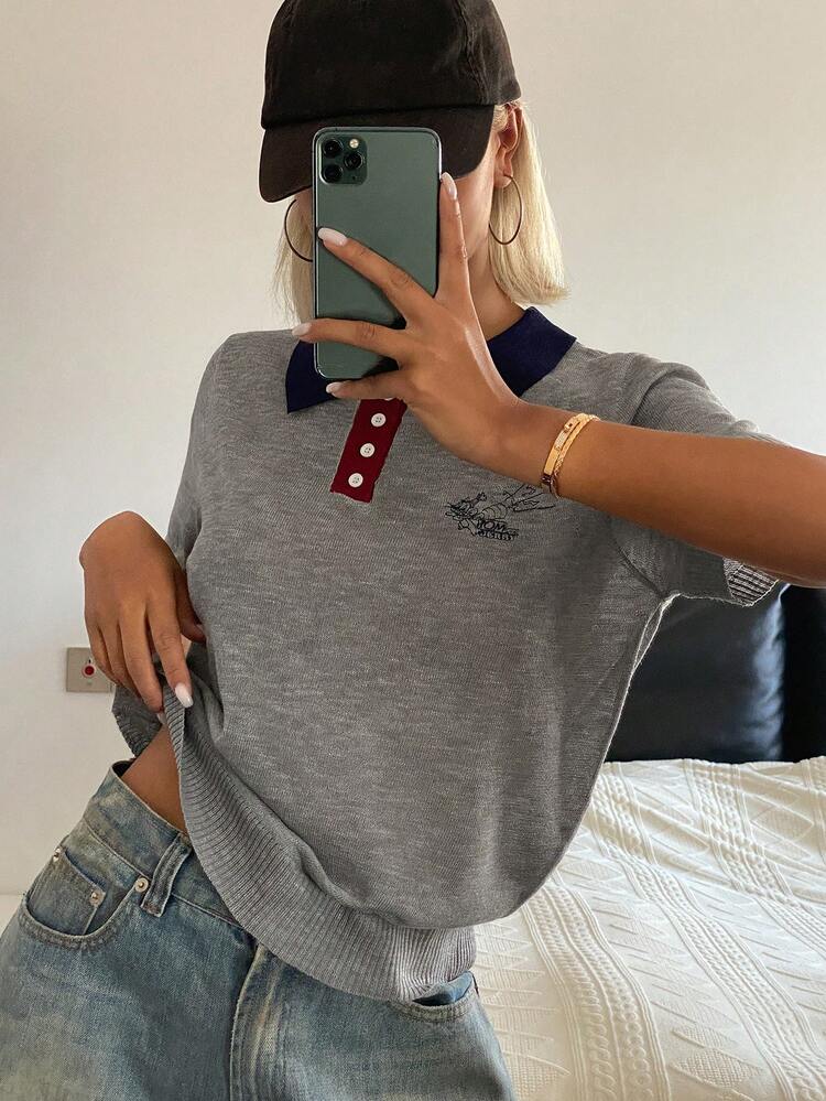 TOM AND JERRY X DAZY Women's Contrast Color Collar Short Sleeve Knit Top