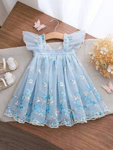 Cozy Pixies 女婴/幼儿花朵刺绣网纱露背蝴蝶装饰公主风无袖吊带连衣裙，可爱甜美，卡通风格，适合玩耍、休闲穿着、外出等场合。 - 彩色 - 查看 3