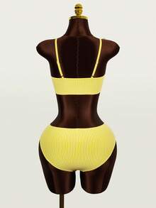 SHEIN Swim 纯色和条纹比基尼泳装 - 黃色 - 查看 6