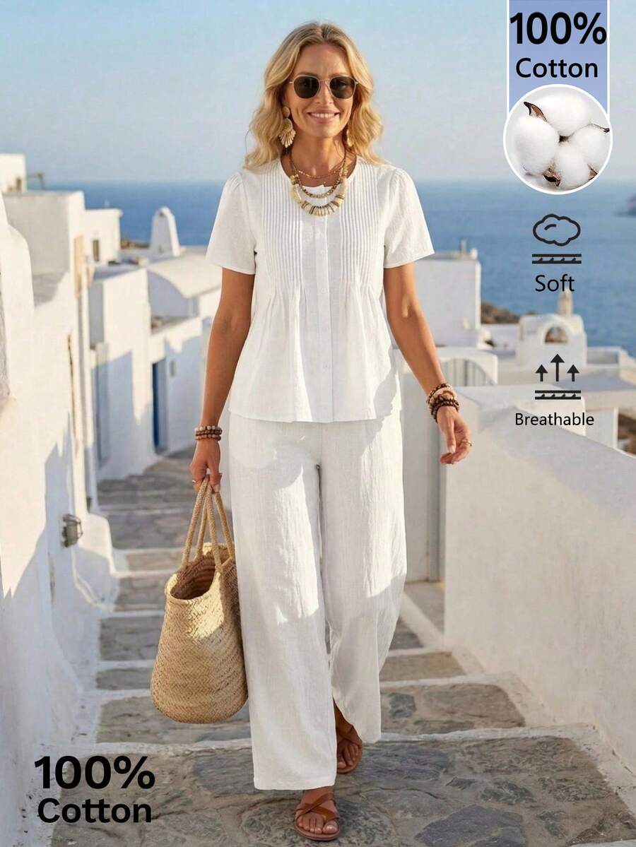 Faunlyn Bộ áo sơ mi và quần thiết kế xếp ly thường ngày. - trắng - Xem 1