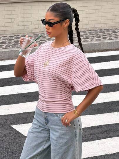Muchica Áo kiểu nữ mùa hè, phong cách thường ngày, đi làm, đi nghỉ mát, kẻ sọc, tay cánh dơi, xếp ly, ôm dáng.