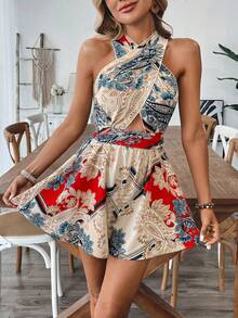 Breezaya Women's Holiday Paisley Print Criss-Cross Jumpsuit - Multicolor - View 5