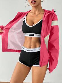 Exploreva Contrast Color Zipper Hooded Loose Casual Sports Jacket - Pink - View 7