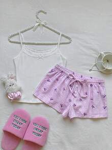 Conjunto informal de 2 piezas de mujer con camiseta de tirantes a rayas y shorts, para verano - Morado - Ver 2