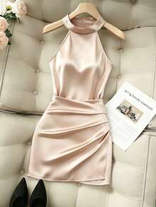 SHEIN Franclia 女士优雅玫瑰粉缎面弹力针织露背修身连衣裙 - 淺粉色 - 查看 1