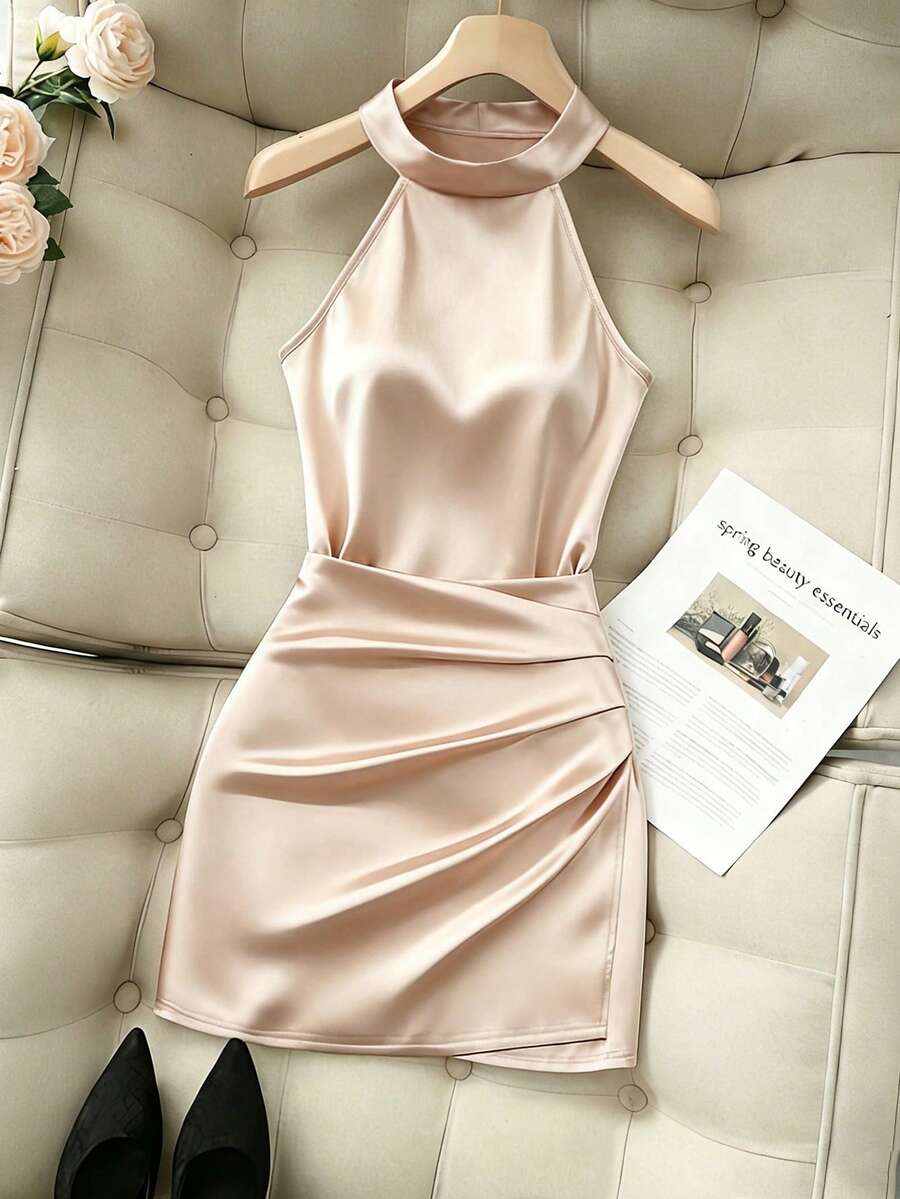 SHEIN Franclia 女士优雅玫瑰粉缎面弹力针织露背修身连衣裙 - 淺粉色 - 查看 1