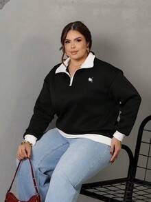 Bibi Tomais Plus Size Contrast Color Embroidery Casual Pullover Pullover Sweatshirt - Black - View 5