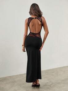 SHEIN ICON Đầm nữ mùa hè kiểu đồng quê Y2K màu đen, thích hợp cho các buổi hòa nhạc, lễ hội, tiệc bãi biển, trang trọng, thanh lịch, phối ren tương phản, hở lưng. - màu đen - Xem 3