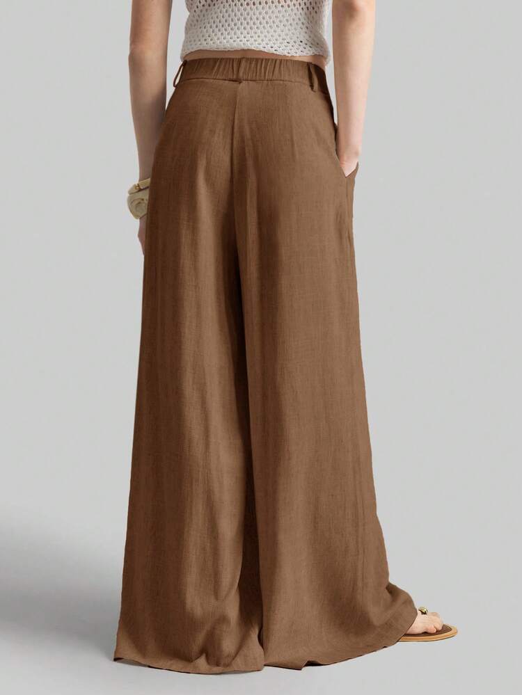2026SS New Women's Wide Leg Pants, Casual Loose Pleated Waist Trousers, Suitable For Bohemian, Ibiza, Vacation, Festival, Wedding Guest, Office, Teacher, Back To School, Pockets, Relaxed Fit, Elegant Urban Chic, Versatile Women's Pants For Spring/Summer
