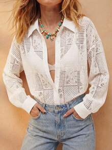 DAZY Women's Loose Fit Lapel Collar Hollow Out Blouse Summer - White - View 14