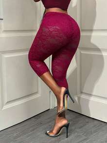 BamGleam Quần legging lửng 3/4 ôm sát, màu trơn, chất liệu ren mỏng, co giãn. - Màu Hồng Tươi - Xem 2
