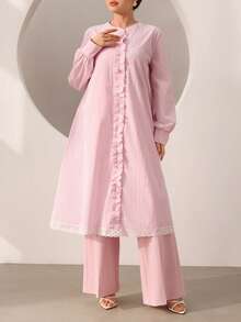 Graceveil 优雅女士荷叶边衬衫，圆领，宽松版型，修身显瘦，长袖，粉色 - 粉色 - 查看 6