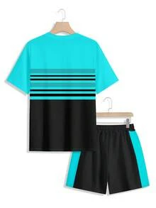 Genlund Conjunto de Camiseta de Manga Curta e Shorts com Estampa Equestre em Contraste Azul Lago e Preto, Conjunto Esportivo Casual de Verão para Férias - Multicolorido - Visão 3