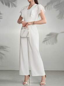 Modelyn Macacão Casual Feminino Plissado com Babados de Cor Sólida - Branco - Ver 7