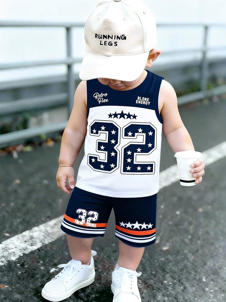 两件套男婴时尚街头休闲运动套装,包含一件印有32号五角星图案的背心和一条条纹短裤,适合夏季外出穿着,简约撞色运动套装。 - 彩色 - 查看 1