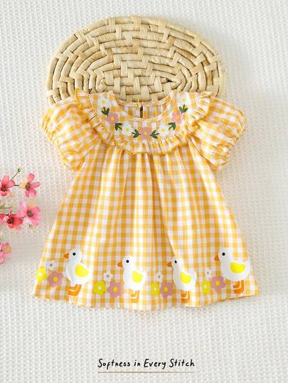 Cozy Pixies 新生女宝宝可爱夏季度假黄色格子短袖蝴蝶结花卉图案宽松连衣裙