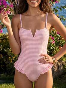 Swim Mod Traje de baño de una pieza con cuello en V con volantes y estampado de cuadros rosas, para mujer, de verano - Rosa - Ver 3