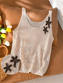 CosyJoli Áo không tay dệt kim móc kiểu Pháp tối giản, thanh lịch, cỡ lớn, nhẹ nhàng, thích hợp cho mùa xuân/hè dành cho nữ. - Màu be - Xem 1