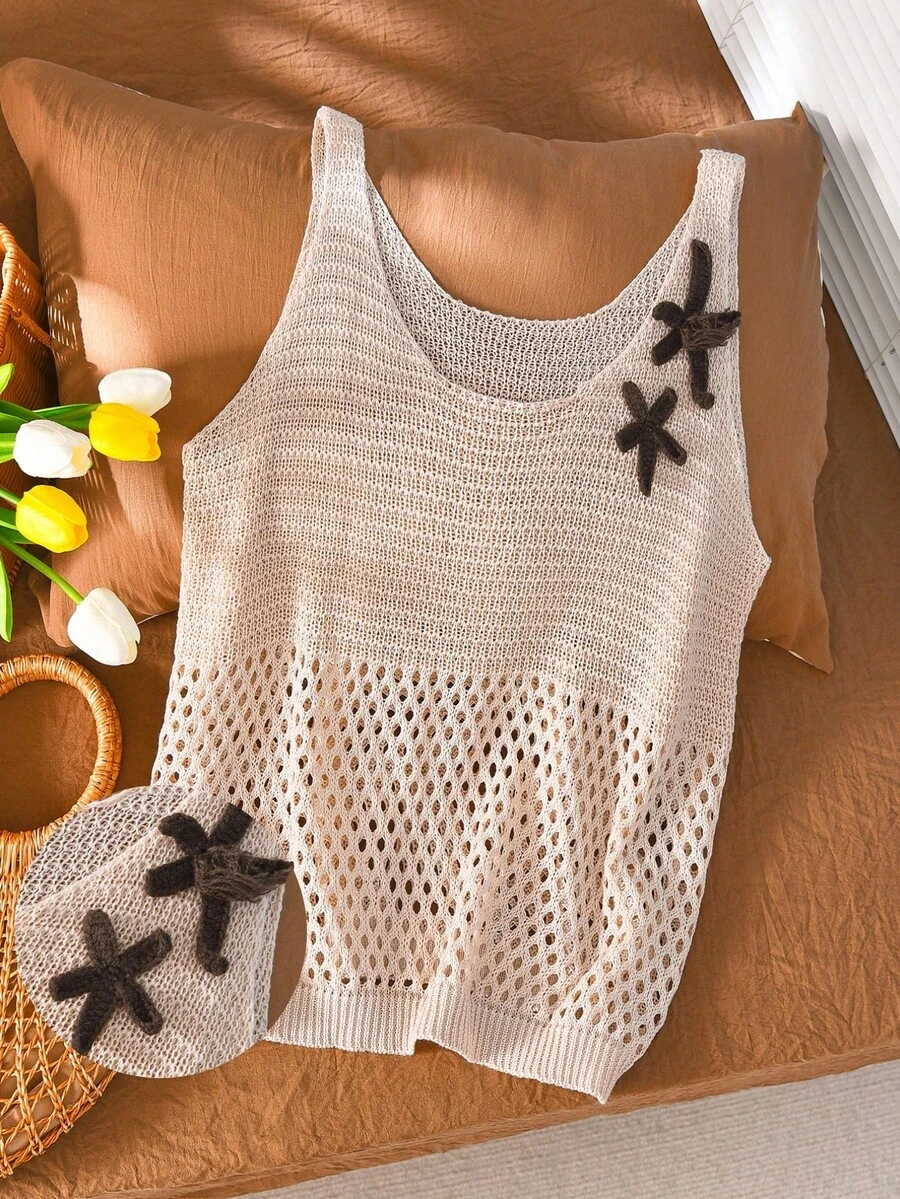 CosyJoli Áo không tay dệt kim móc kiểu Pháp tối giản, thanh lịch, cỡ lớn, nhẹ nhàng, thích hợp cho mùa xuân/hè dành cho nữ. - Màu be - Xem 1