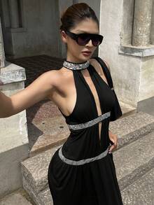 DAZY 女士亮片露肩中长连衣裙，夏季时尚 - 黑色 - 查看 6