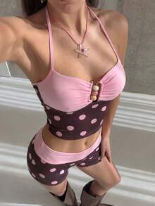 Soleia 女士夏季Y2K百搭休闲舒适针织波点拼接撞色露背迷你修身性感热辣上衣和短裤套装。适合度假、派对、约会、嘉年华、下午茶、海滩、邮轮、城市旅行、音乐节等多种场合。派对上衣、夏季上衣、女士夏季套装 - 彩色 - 查看 6