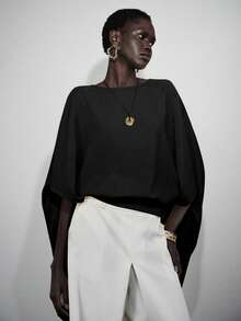 Lumivelle Women's Solid Color Boat Neck Batwing Sleeve Loose Cropped Top,Black,Autumn,Elegant,Office Winter Tops Stylish Outfit For Dinner Birthday Party - Black - View 7