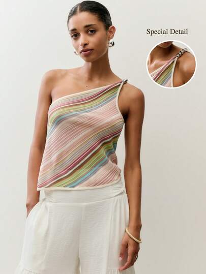 Nöista Asymmetric One-Shoulder Knit Top With Diagonal Multicolor Stripe Pattern. Summer, Spring, Music Festival, Easter, Holidays Outfit, Beachwear, Women Vacay.