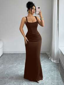 Selianne Đầm hè gợi cảm mới, đầm đen, cổ vuông kiểu Pháp, viền corset giả, dáng đuôi cá, thiết kế xếp ly eo, đầm đuôi cá, đầm dự tiệc cưới, thích hợp cho kỳ nghỉ, hẹn hò, tiệc tùng, ngày Valentine, đám cưới. - màu nâu - Xem 4