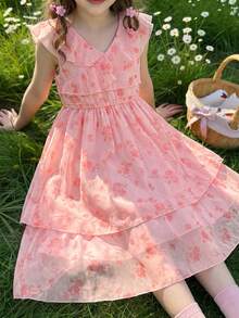 Glamorique Kids Đầm hoa dáng lệch vạt cho bé gái, phong cách Pháp ngọt ngào, mốt thời trang mùa hè mới cho tuổi teen. - Hồng - Xem 4