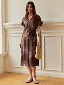 Écloséra French Retro Women's Dress,V-Neck Raglan Short Sleeve Folded Cuffs Embroidered Belt Brown Floral Summer Boho Vacation Casual Beach Holiday Wear Dress - Multicolor - View 5