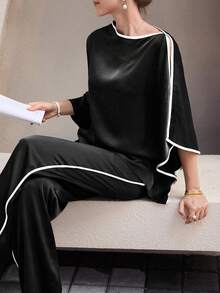 Modelyn Black & Apricot Contrast Satin Loose Pants With Pockets - Black - View 5