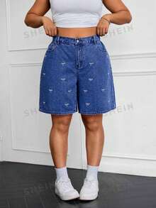 SHEIN ICON 大尺碼女款夏季休閒日常通勤蝴蝶結圖案寬鬆牛仔短褲 - 藍色 - 查看 1