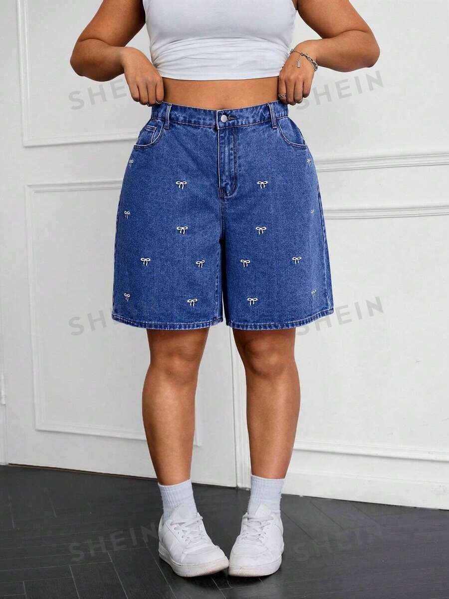 SHEIN ICON 大尺碼女款夏季休閒日常通勤蝴蝶結圖案寬鬆牛仔短褲 - 藍色 - 查看 1