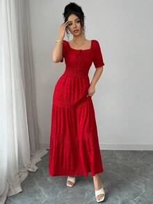 SHEIN Elenzya Women's Elegant Waist Tie Petal Sleeve Dress, Summer - Red - View 5