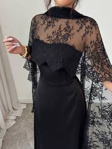 Elenzga Elegant Black Fall Winter Lace Patchwork Halter A-Line Maxi Dress,Ruffle Hem Front Fish Bone Line Divider Long Trailing,Party Holiday Dress - Black - View 4
