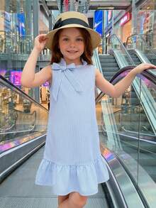 SHEIN 女童蝴蝶结荷叶边领口及下摆连衣裙 - 藍白色 - 查看 8