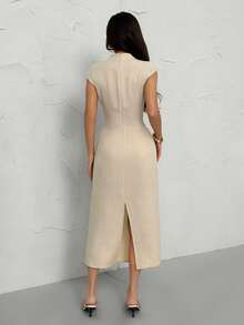 SHEIN PETITE Đầm dài nữ thanh lịch, tối giản, thoải mái, thích hợp đi làm hàng ngày, đi nghỉ mát, thời trang mới, cổ đứng, tay bồng, eo thon, màu mơ. - Màu Khaki - Xem 2