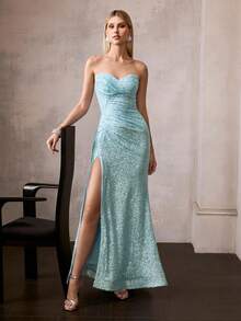 MOTF Soiréza Đầm cocktail nữ đính sequin thêu, kiểu áo quây, thích hợp cho các dịp trang trọng. - Màu xanh nhạt - Xem 1