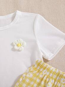 Souflis Souflis Young Girl' Spring/Summer Casual Knit 2-Piece Set, 3D Floral Decor Short Sleeve Top Paired With Daisy Plaid Pants, Suitable For Outings And Gatherings - Multicolor - View 7
