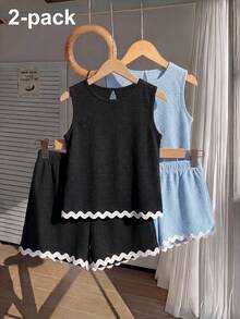 SHEIN Tween Girl Wavy Ribbon Patchwork Round Neck Tank Top And Shorts Casual Set - Multicolor - View 4