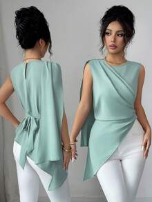 Elenzga Camisa de mujer de cuello redondo elegante sin mangas con bajo asimétrico y tirantes con lazo en los hombros, diseño único, primavera/verano - Azul - Ver 3