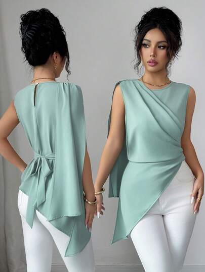 Elenzga Camisa de mujer de cuello redondo elegante sin mangas con bajo asimétrico y tirantes con lazo en los hombros, diseño único, primavera/verano