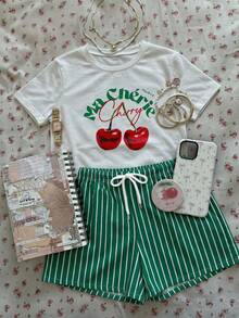 Bộ áo thun ngắn tay cổ tròn kẻ sọc trái cây nhiệt đới và anh đào dành cho bé gái tuổi teen, kiểu dáng rộng rãi, thoải mái, thích hợp cho kỳ nghỉ hè ở bãi biển. - Nhiều màu - Xem 3