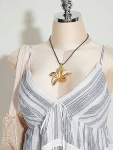 SHEIN ICON 加大码条纹休闲荷叶边吊带娃娃衫，梭织刺绣装饰荷叶边下摆度假吊带衫，适合春夏穿着 - 彩色 - 查看 5
