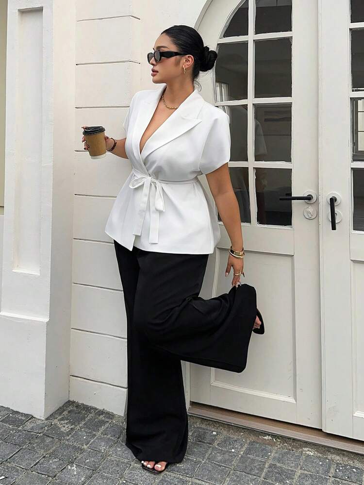 Dazy Plus Plus Size Women Collared Sleeveless Elegant Short Sleeve White Blouse, Commuting Style, Spring/Summer