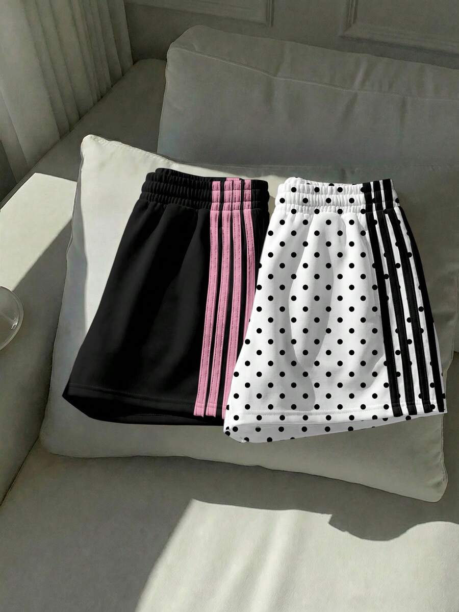 Comfortcana Bộ 2 quần short nữ kiểu dáng retro chấm bi phối màu trơn, thích hợp cho đi chơi, ở nhà, chơi thể thao và tập yoga. - Nhiều màu - Xem 1